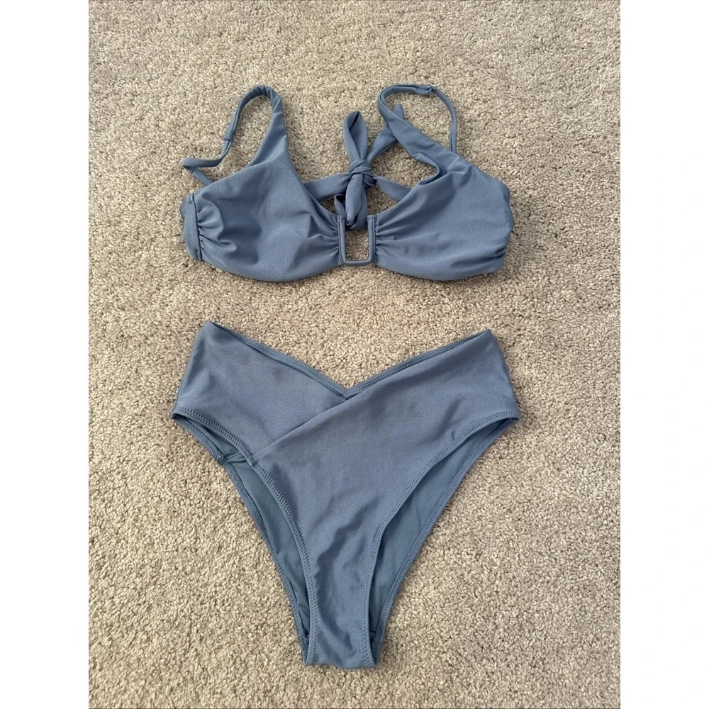 Blue Sheen Bikini H&M High Waisted Cheeky Bottoms Size M Top Size S